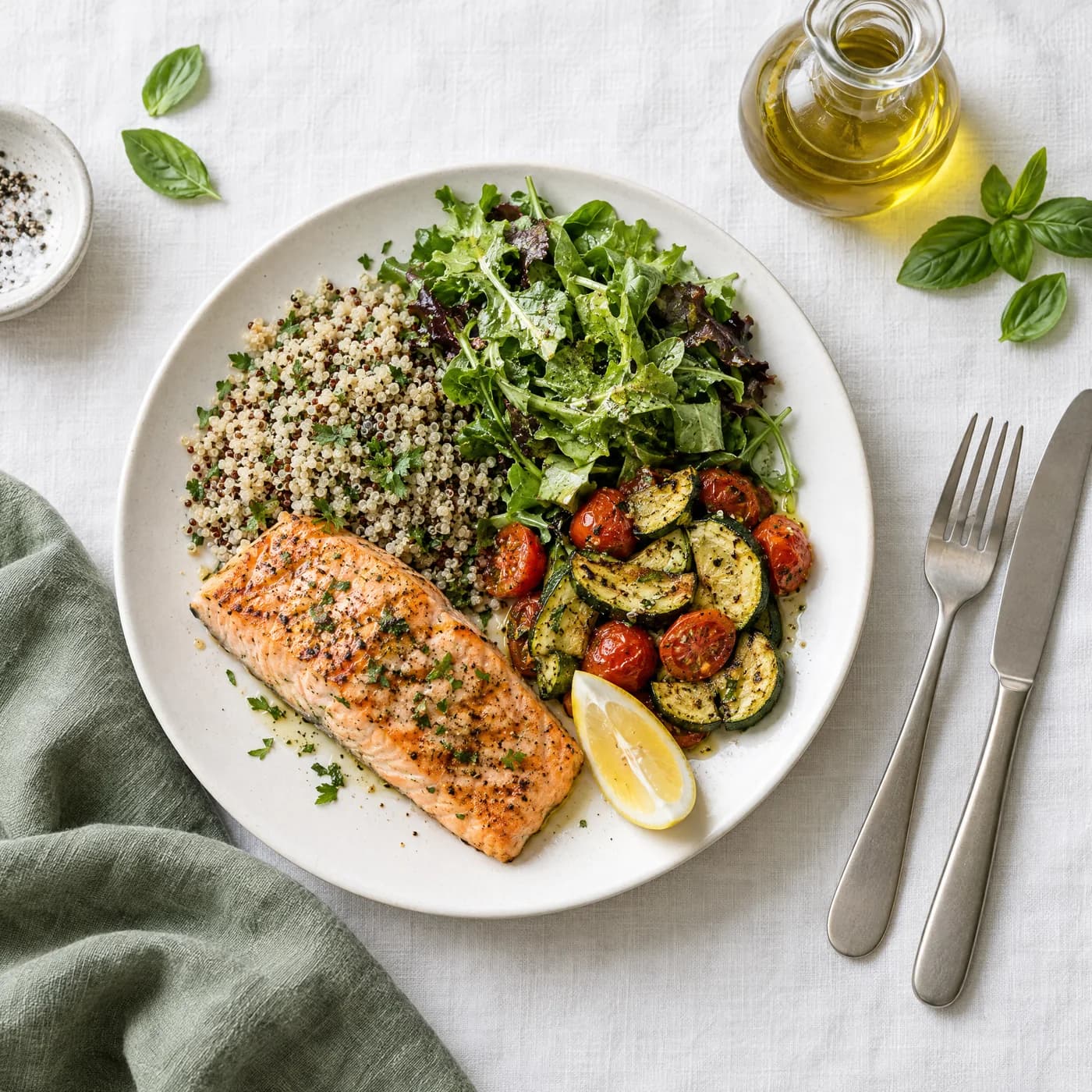 Piatto mediterraneo bilanciato con salmone, quinoa, insalata verde, zucchine e pomodorini