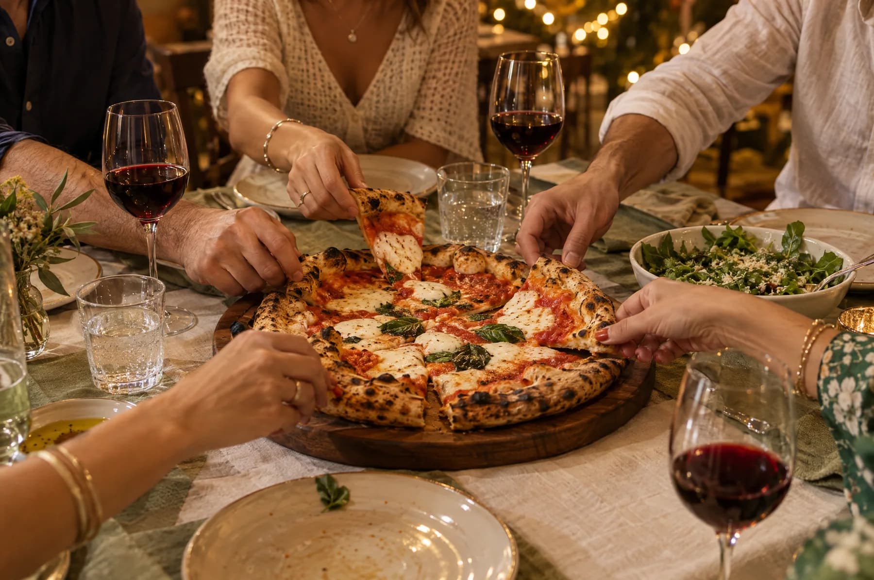 Un gruppo di amici condivide una pizza margherita al tavolo di una trattoria, il sabato sera